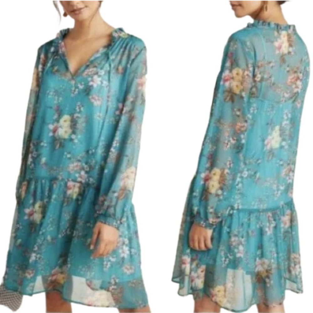 NWT Maeve by Anthropologie Green Floral Drop-Waist Dress xs